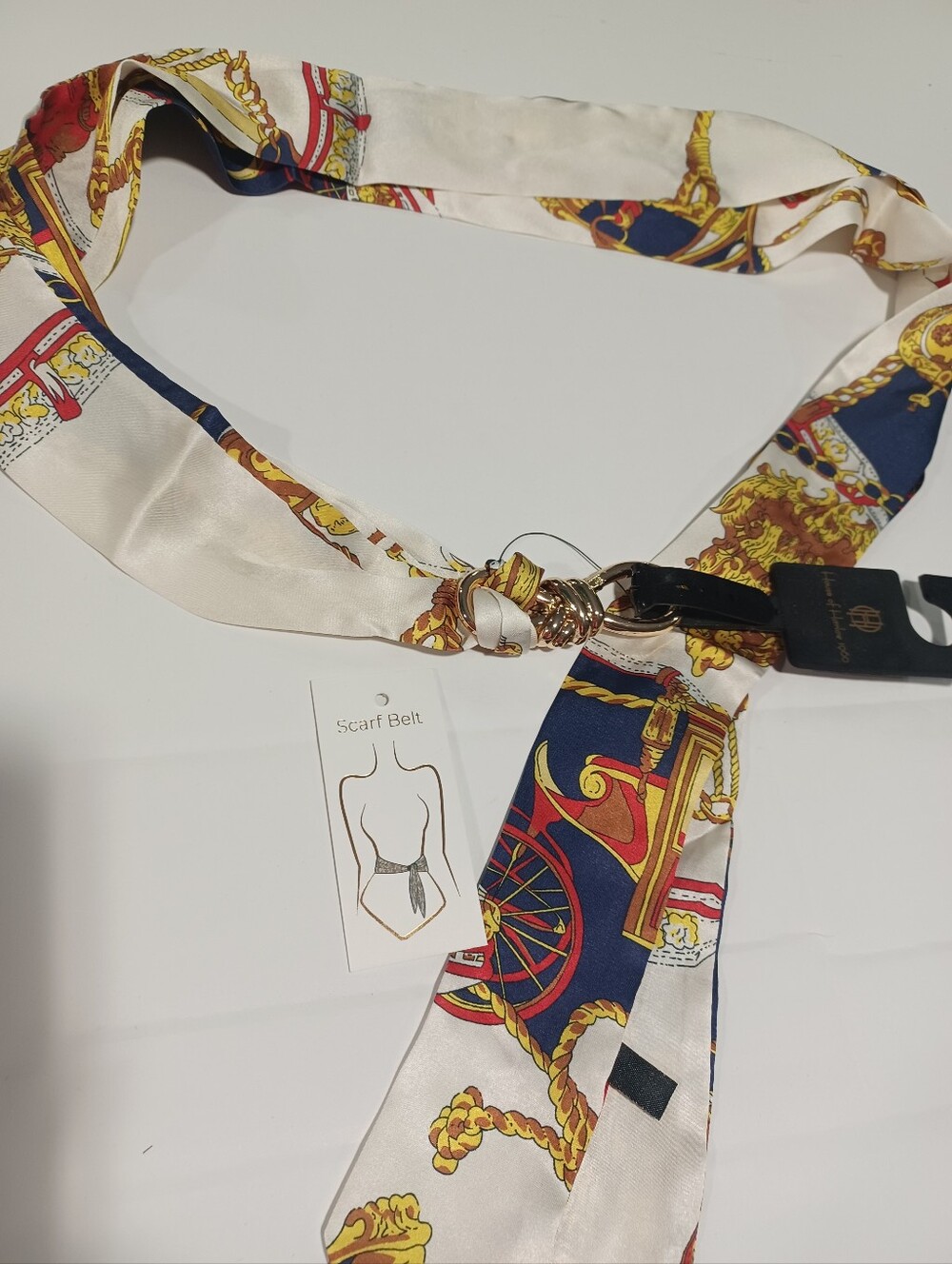 Silk-Feel Scarf Belt in Navy & Cream with Gold Chain Print M/S - Picture 3 of 4